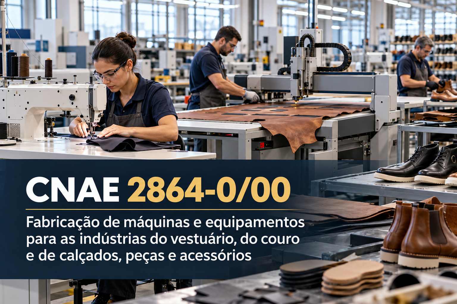 Máquina de costura industrial numa confecção, ilustrando o CNAE 2864-0/00