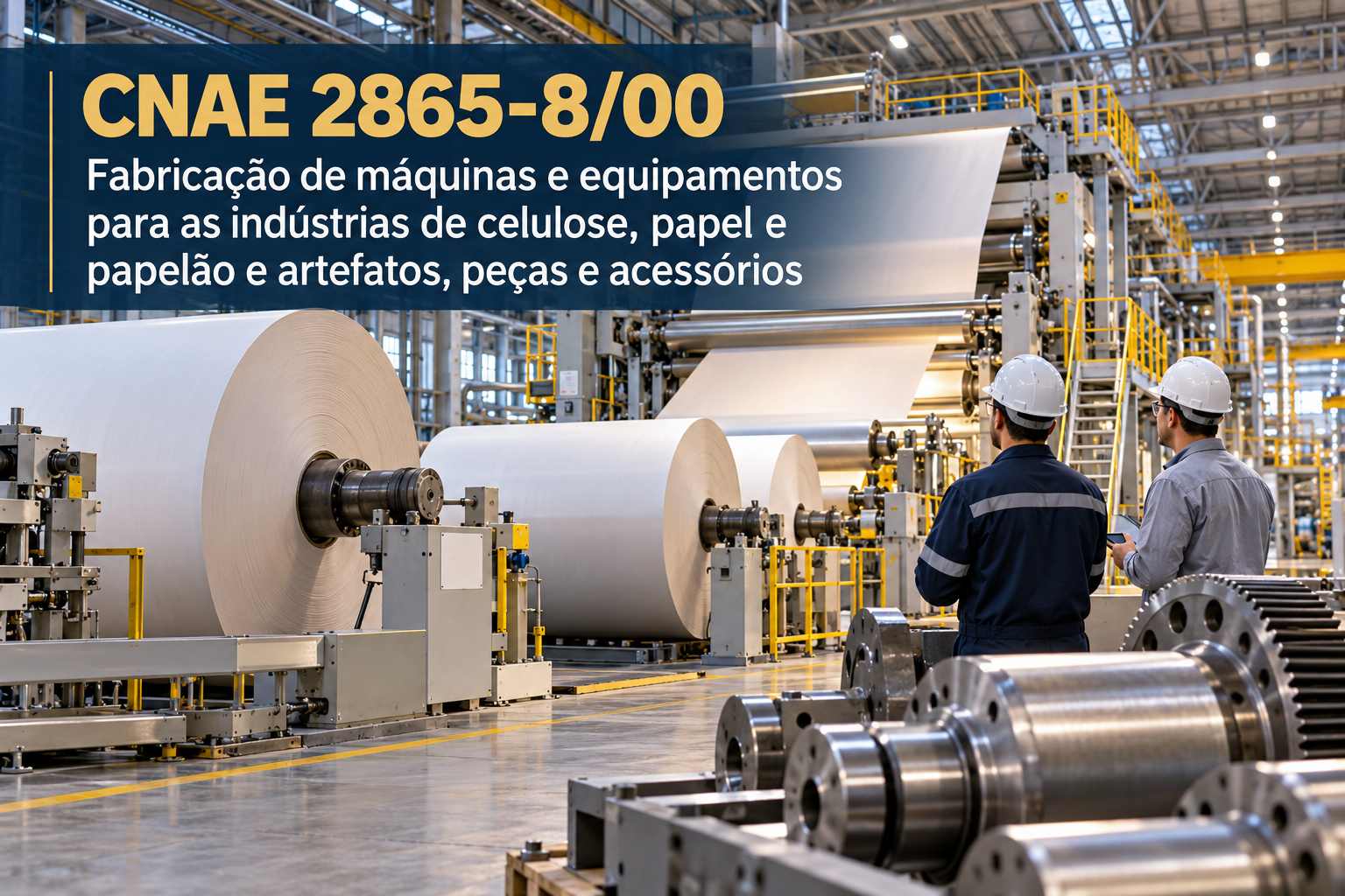 Máquina de papel numa fábrica, ilustrando o CNAE 2865-8/00