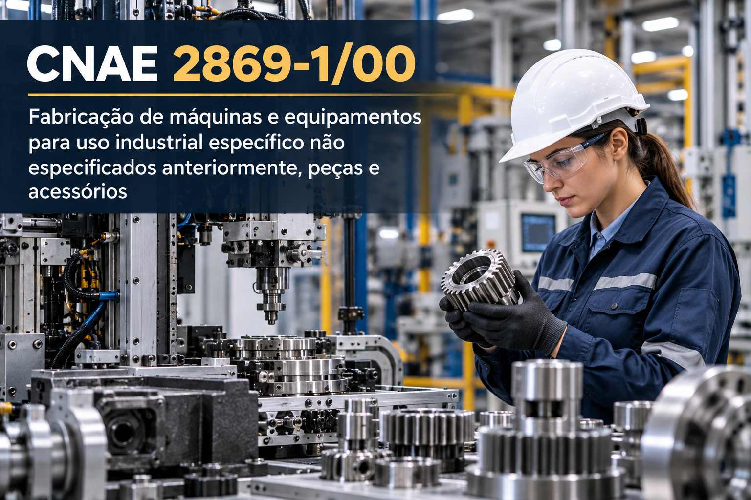 Robô industrial numa linha de produção, ilustrando o CNAE 2869-1/00