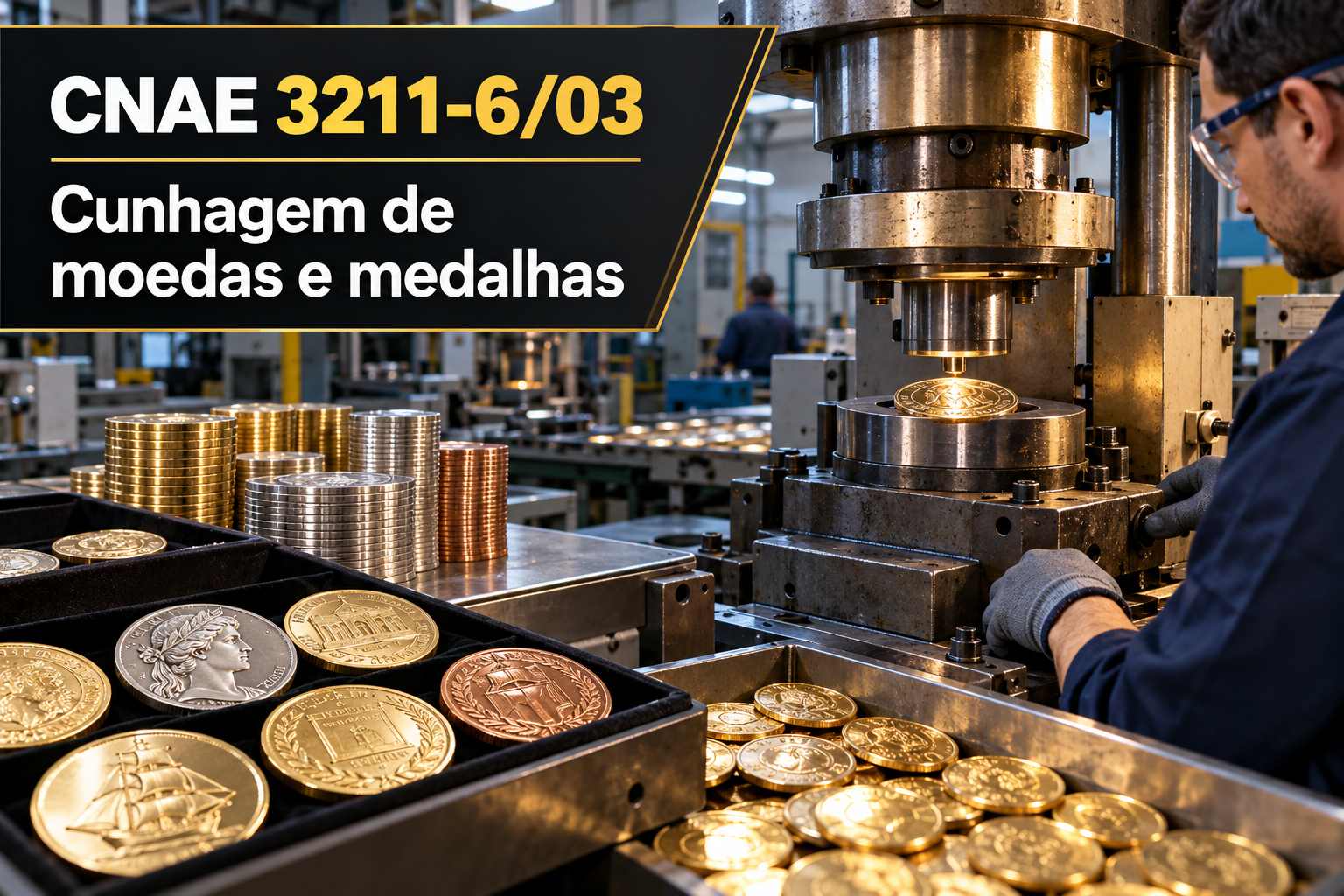 Medalhas recém-cunhadas numa bancada, ilustrando o CNAE 3211-6/03