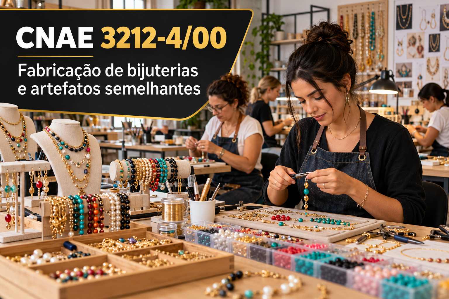 Bijuterias e semijoias numa bancada, ilustrando o CNAE 3212-4/00