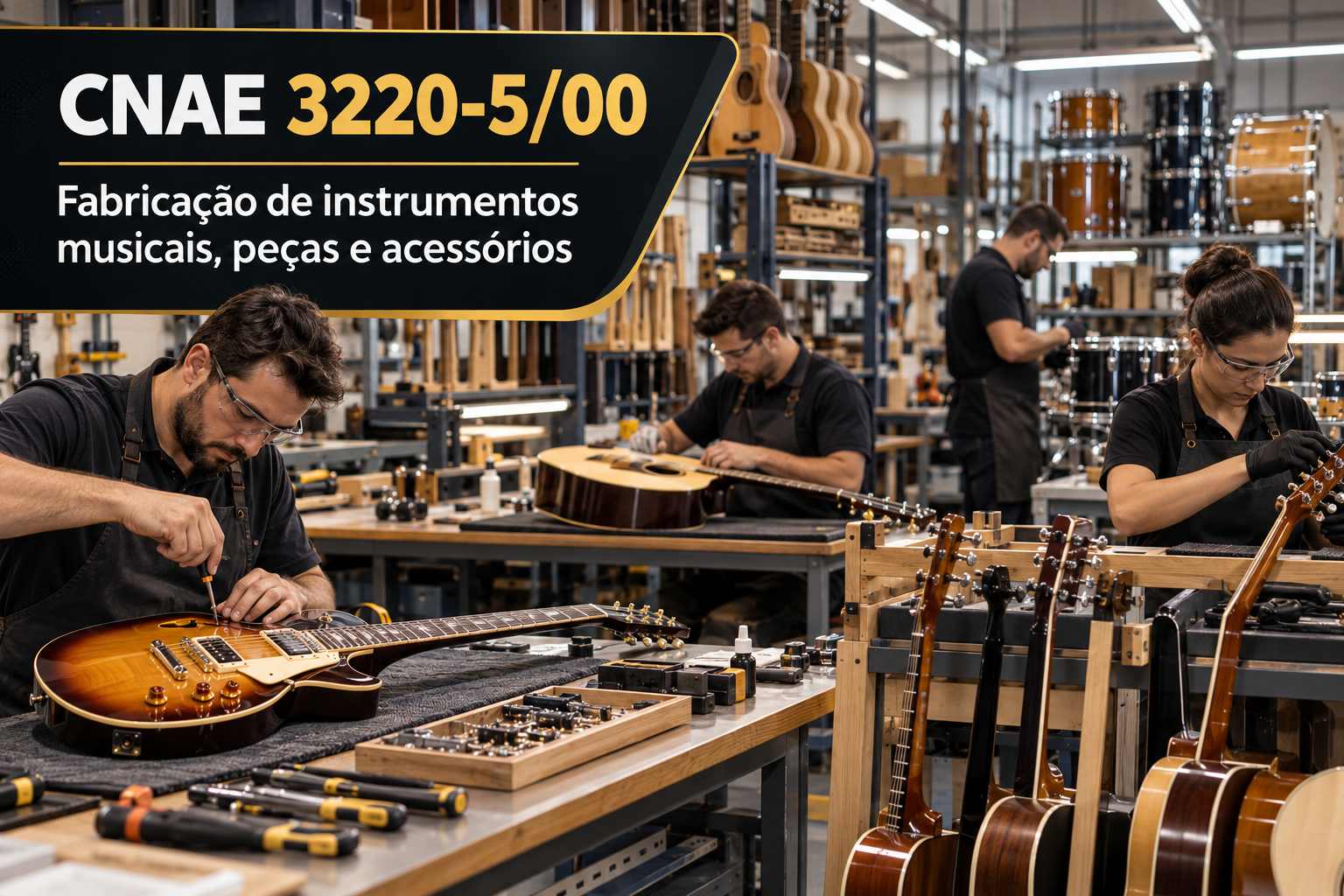 Luthier montando um violão, ilustrando o CNAE 3220-5/00