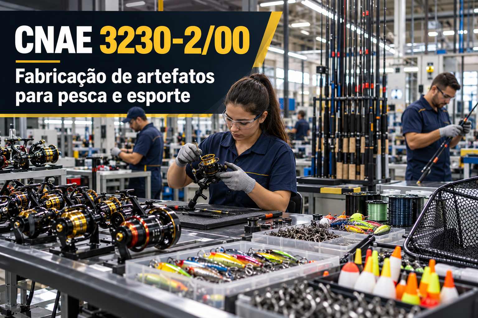 Bolas e raquetes numa fábrica, ilustrando o CNAE 3230-2/00