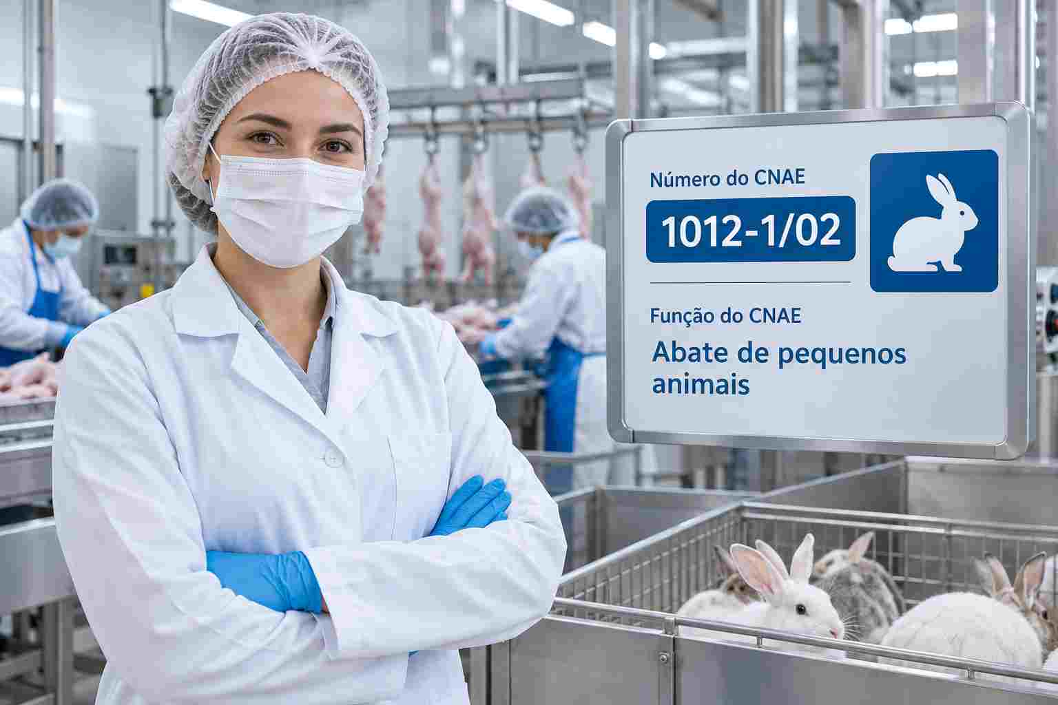 Carcaças de coelho embaladas em bandejas num abatedouro, ilustrando o CNAE 1012-1/02