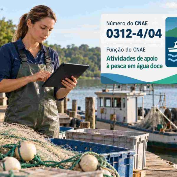 Pescadores consertando redes em porto fluvial, ilustrando o CNAE 0312-4/04
