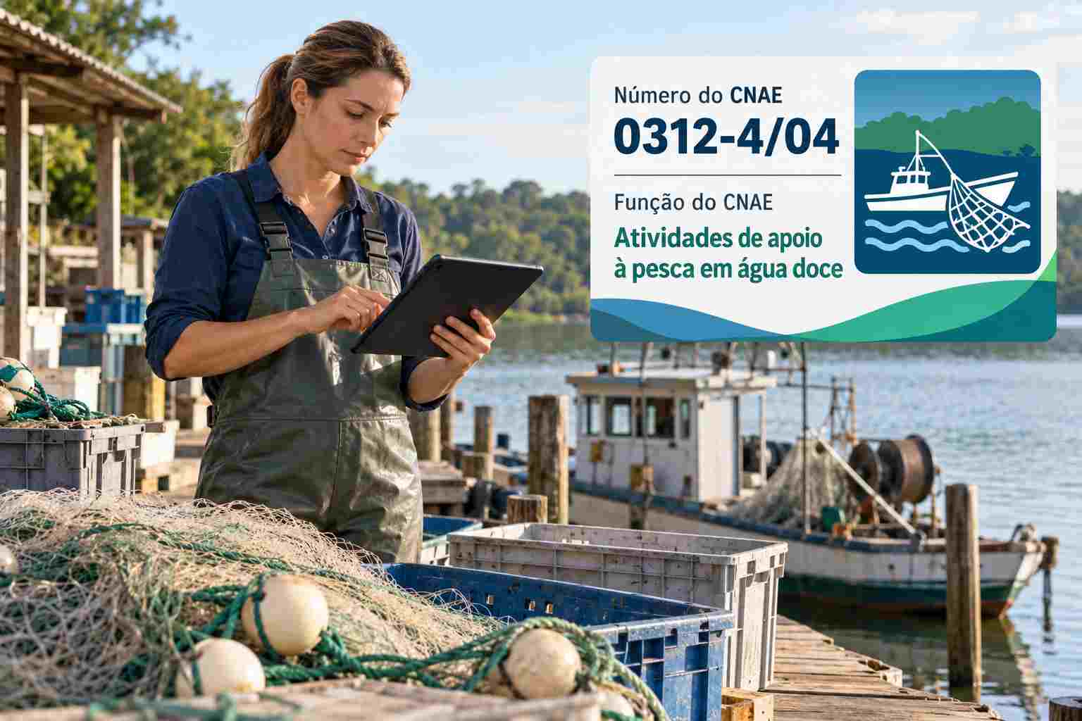 Pescadores consertando redes em porto fluvial, ilustrando o CNAE 0312-4/04