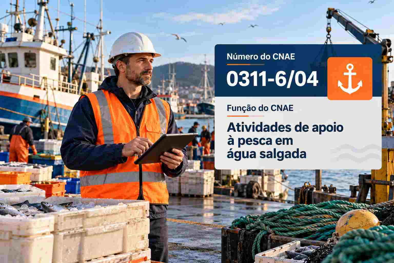 Pescador consertando rede de pesca no porto, ilustrando o CNAE 0311-6/04