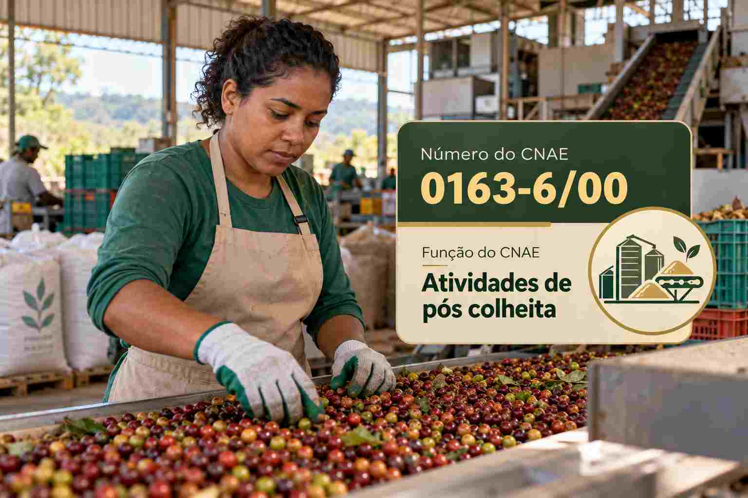 Secador de grãos ao lado de silos, ilustrando o CNAE 0163-6/00
