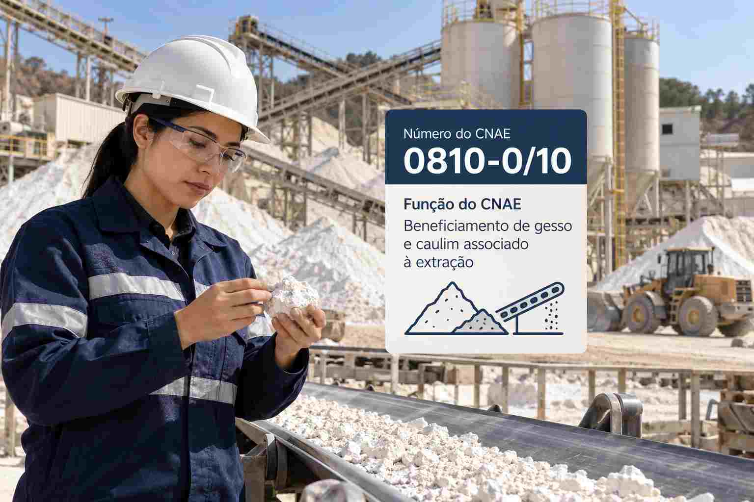 Planta de beneficiamento de caulim com pilhas de argila branca, ilustrando o CNAE 0810-0/10