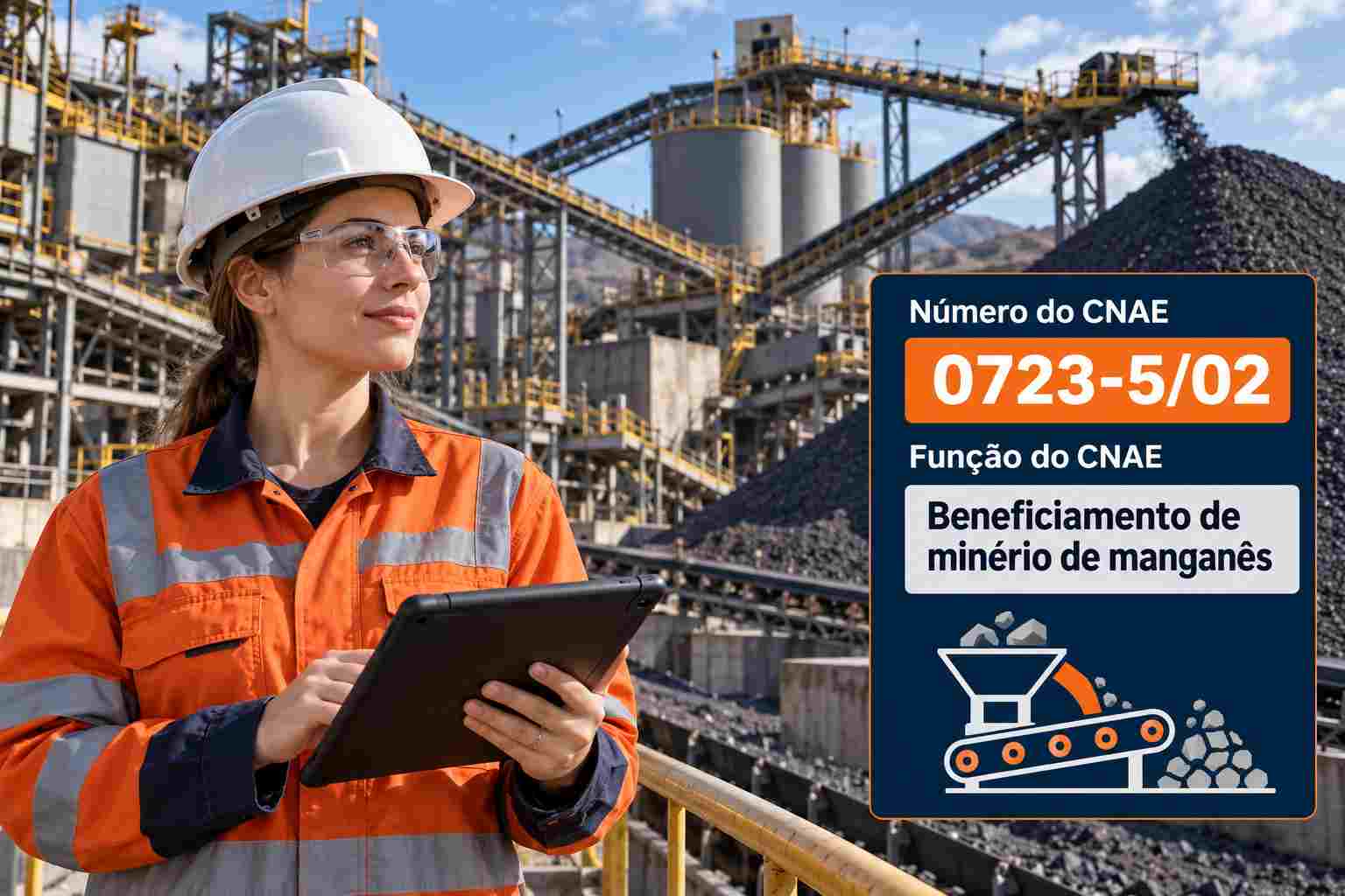 Usina de beneficiamento de manganês com pilhas de minério, ilustrando o CNAE 0723-5/02