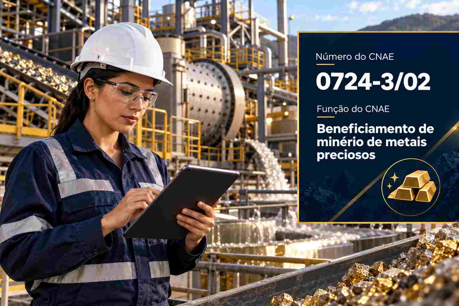 Barras brutas de ouro recém-fundidas em planta de beneficiamento, ilustrando o CNAE 0724-3/02