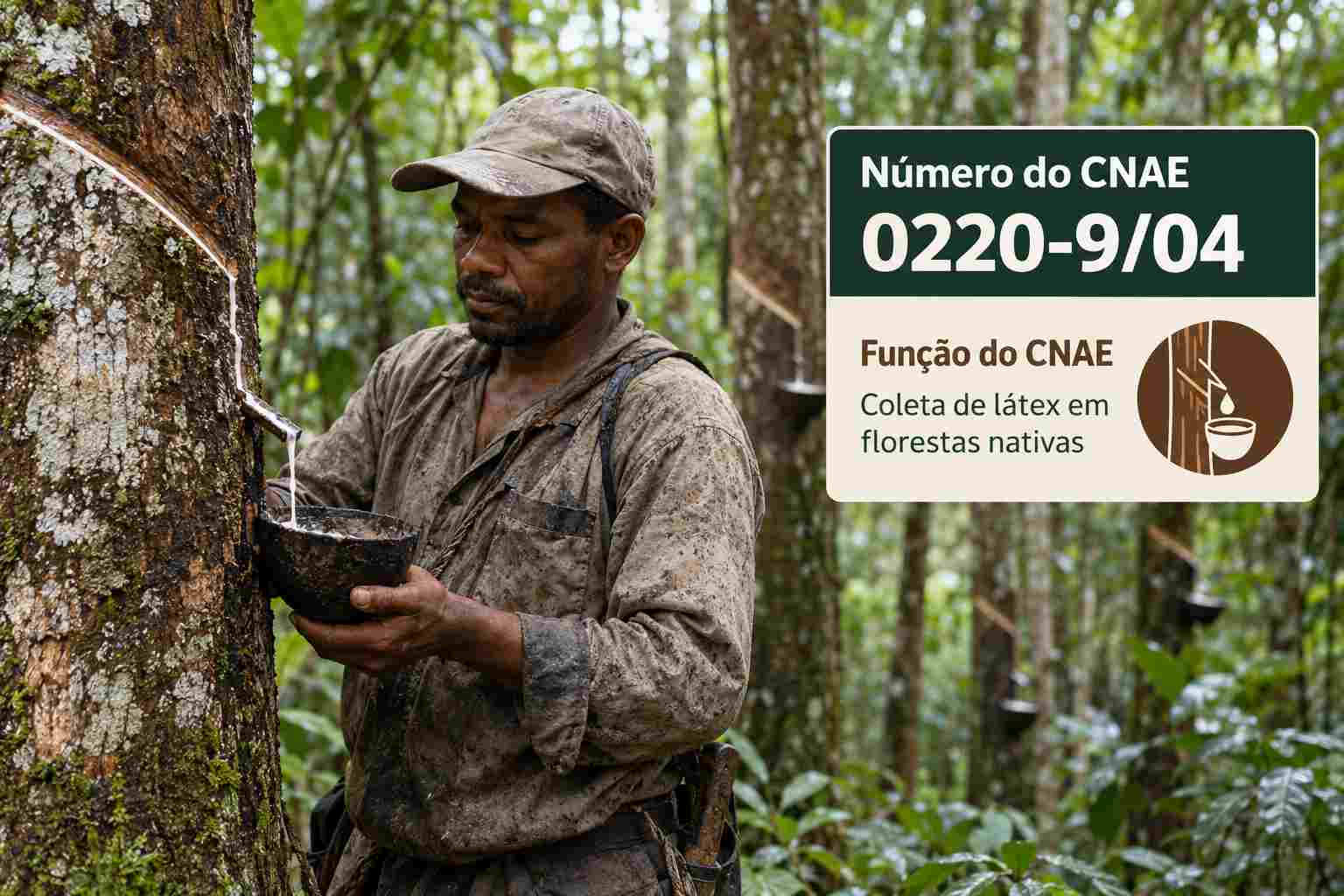 Seringueira nativa com corte na casca e tigela de látex, ilustrando o CNAE 0220-9/04