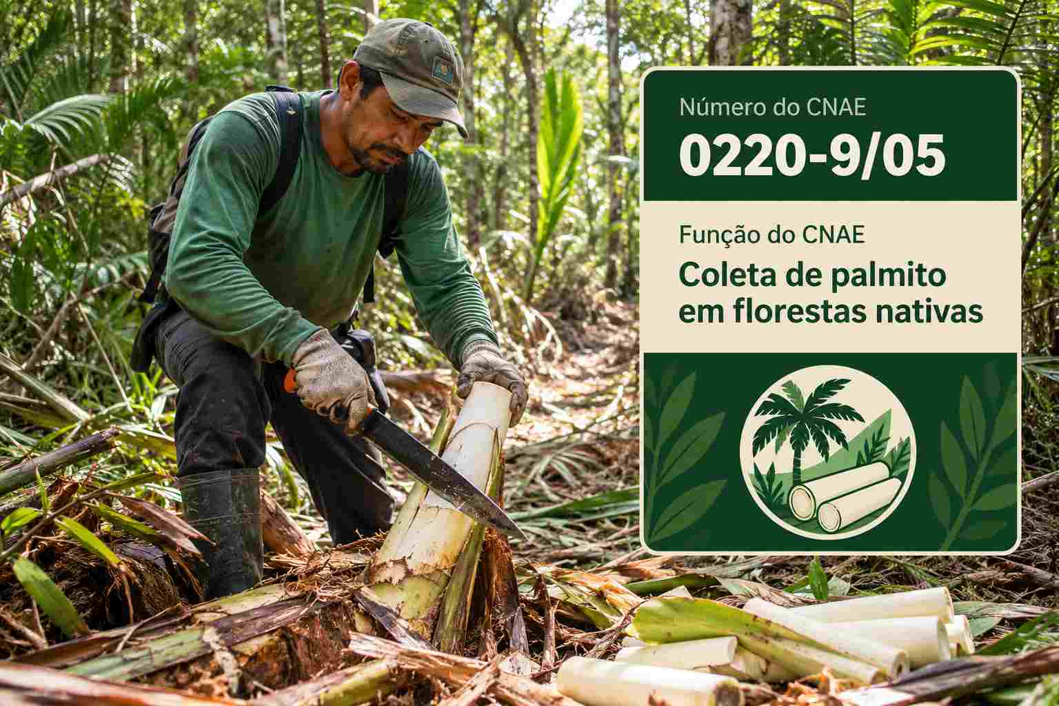Hastes de palmito de açaí recém-cortadas em área de várzea, ilustrando o CNAE 0220-9/05