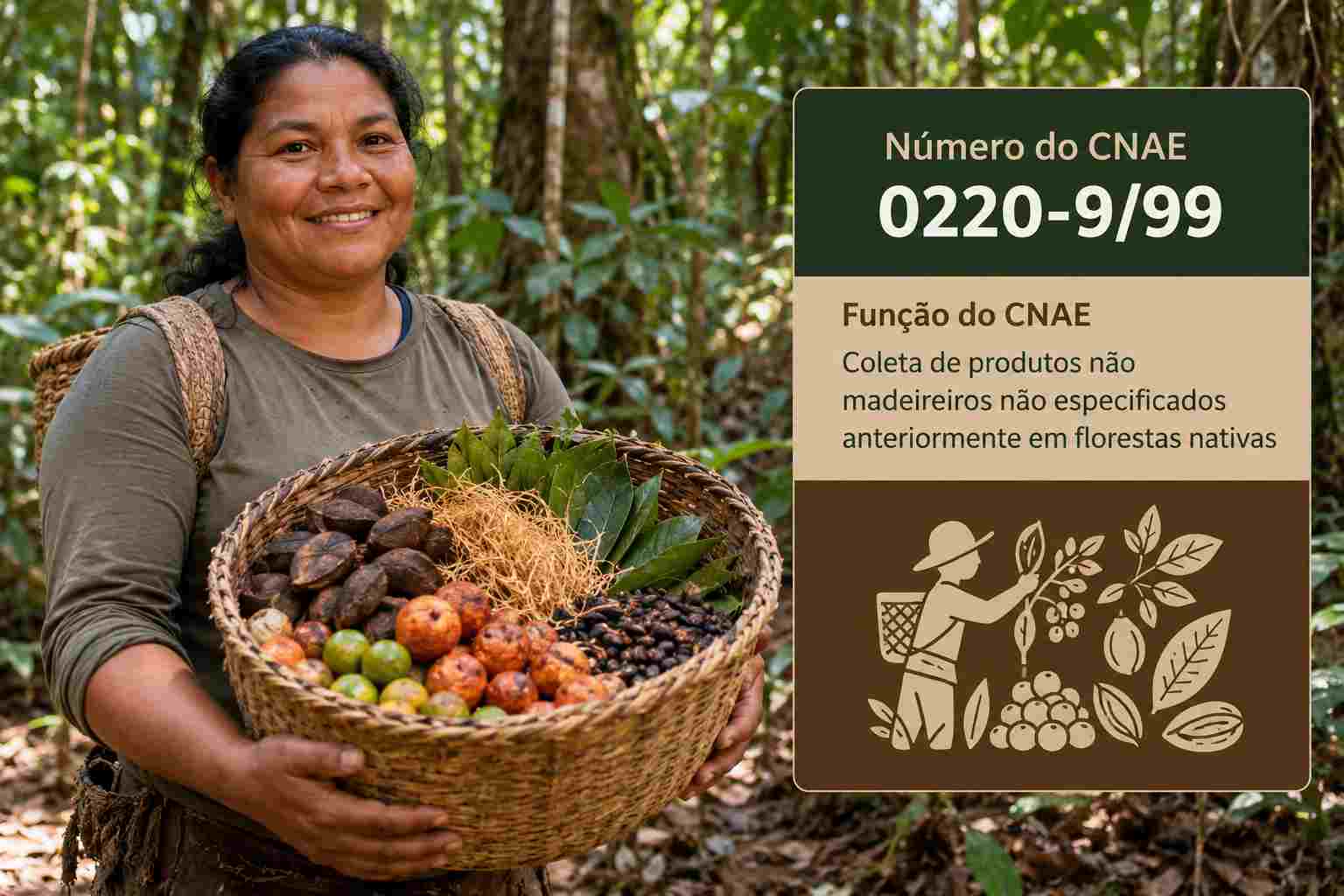 Cachos de açaí, cocos de babaçu e pó de carnaúba, ilustrando o CNAE 0220-9/99