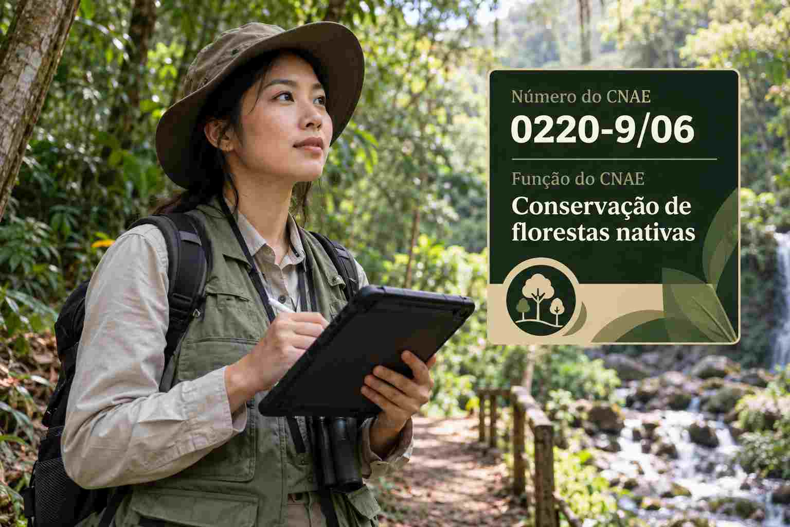 Área de restauração com mudas nativas ao lado de floresta preservada, ilustrando o CNAE 0220-9/06