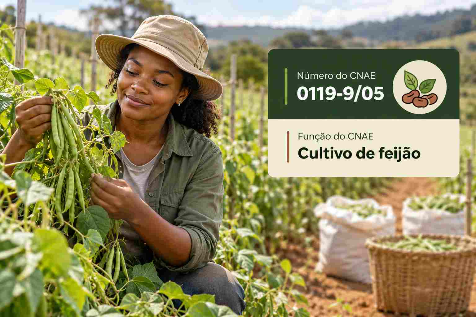 Lavoura de feijão com vagens secas prontas para colheita, ilustrando o CNAE 0119-9/05