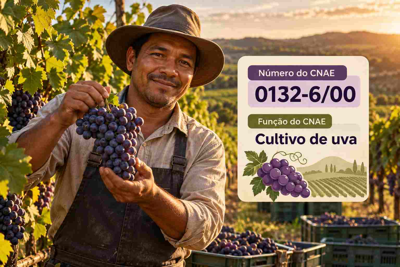 Cachos de uva maduros no vinhedo, ilustrando o CNAE 0132-6/00