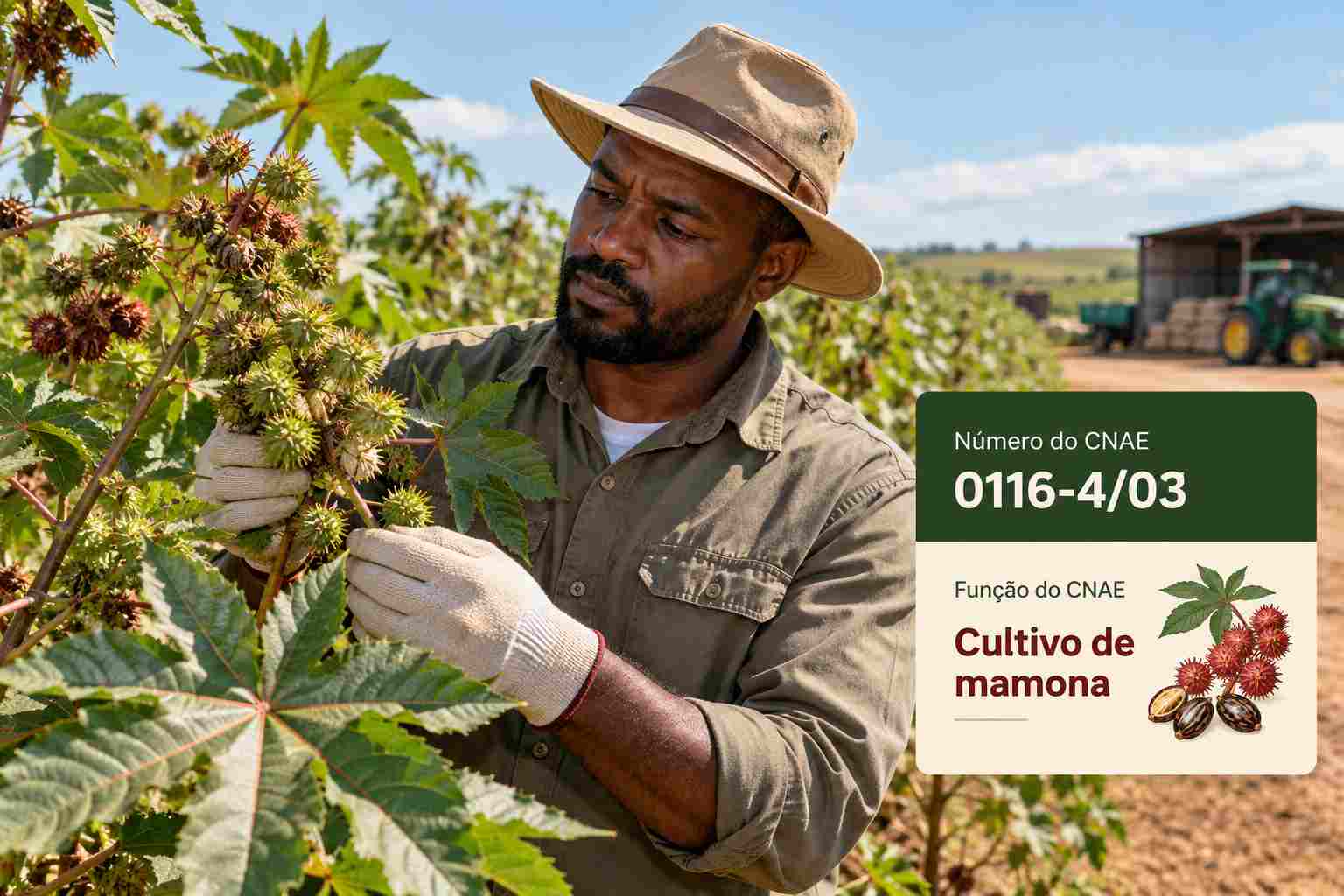 Cachos de mamona maduros na lavoura do semiárido, ilustrando o CNAE 0116-4/03