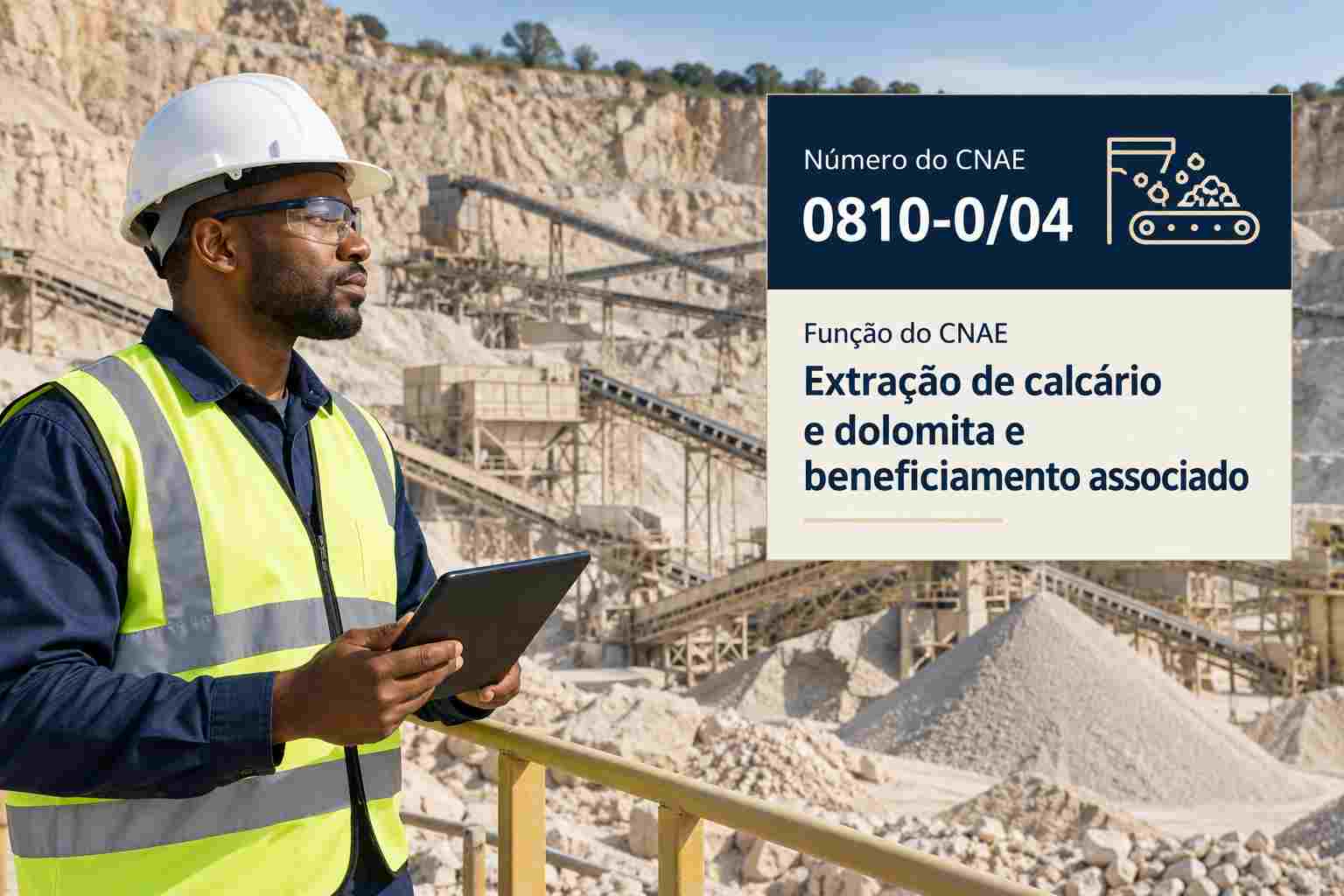 Mineração de calcário com britador e pilhas de calcário moído, ilustrando o CNAE 0810-0/04