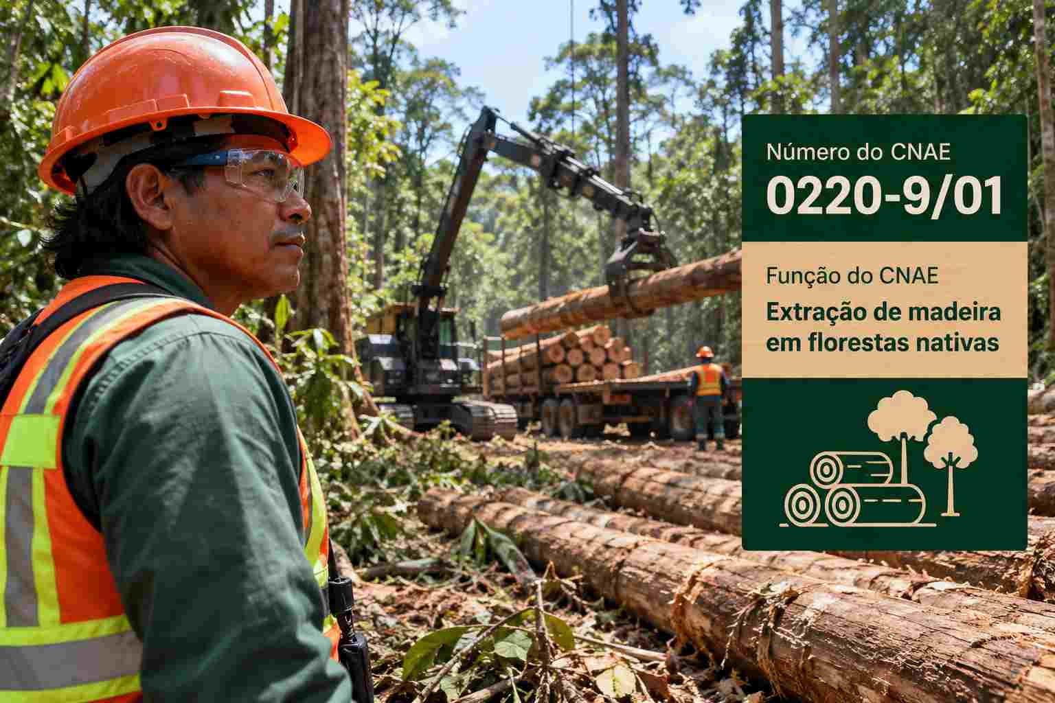 Toras de madeira nativa em pátio de manejo florestal, ilustrando o CNAE 0220-9/01