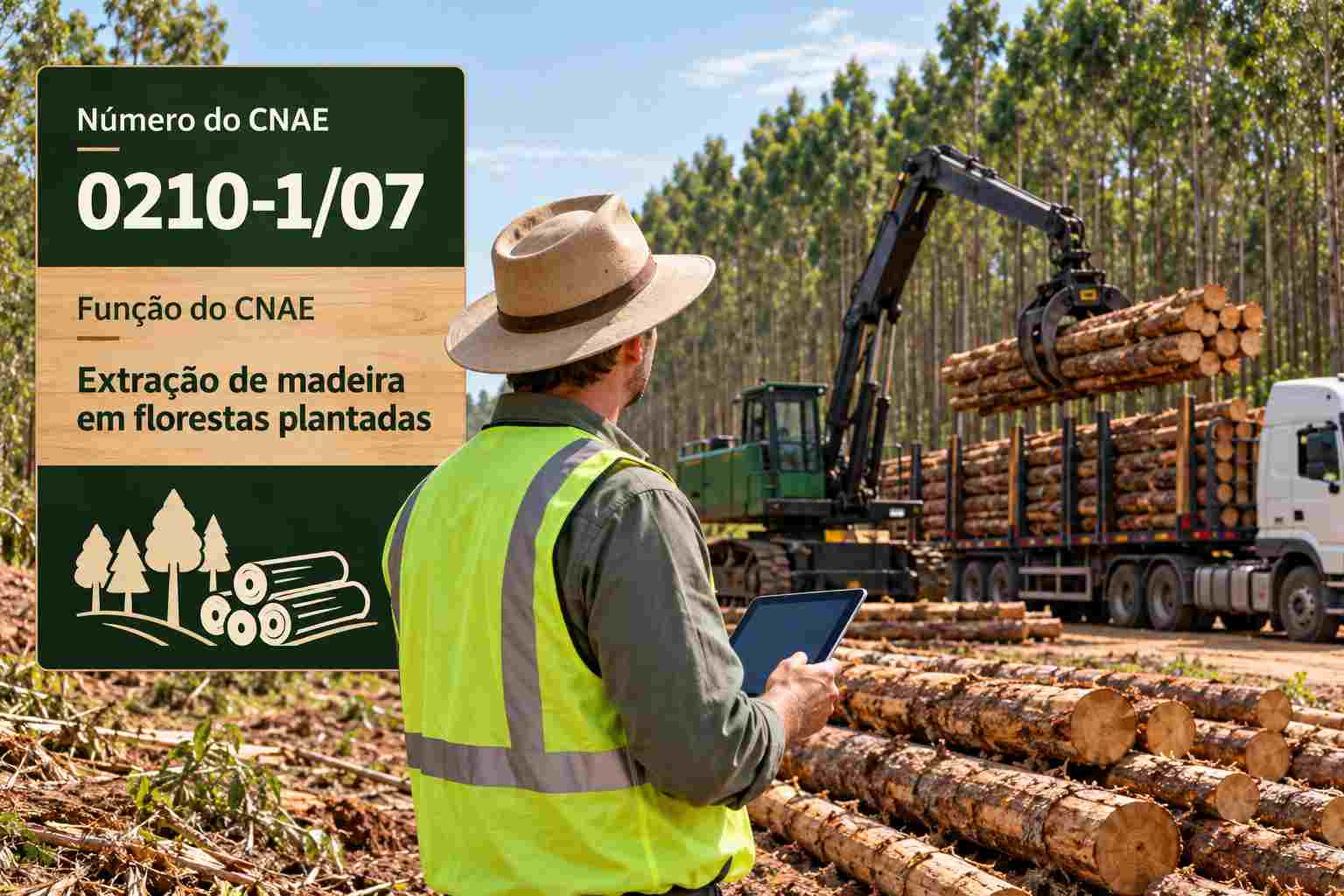 Toras de eucalipto empilhadas após o corte, ilustrando o CNAE 0210-1/07