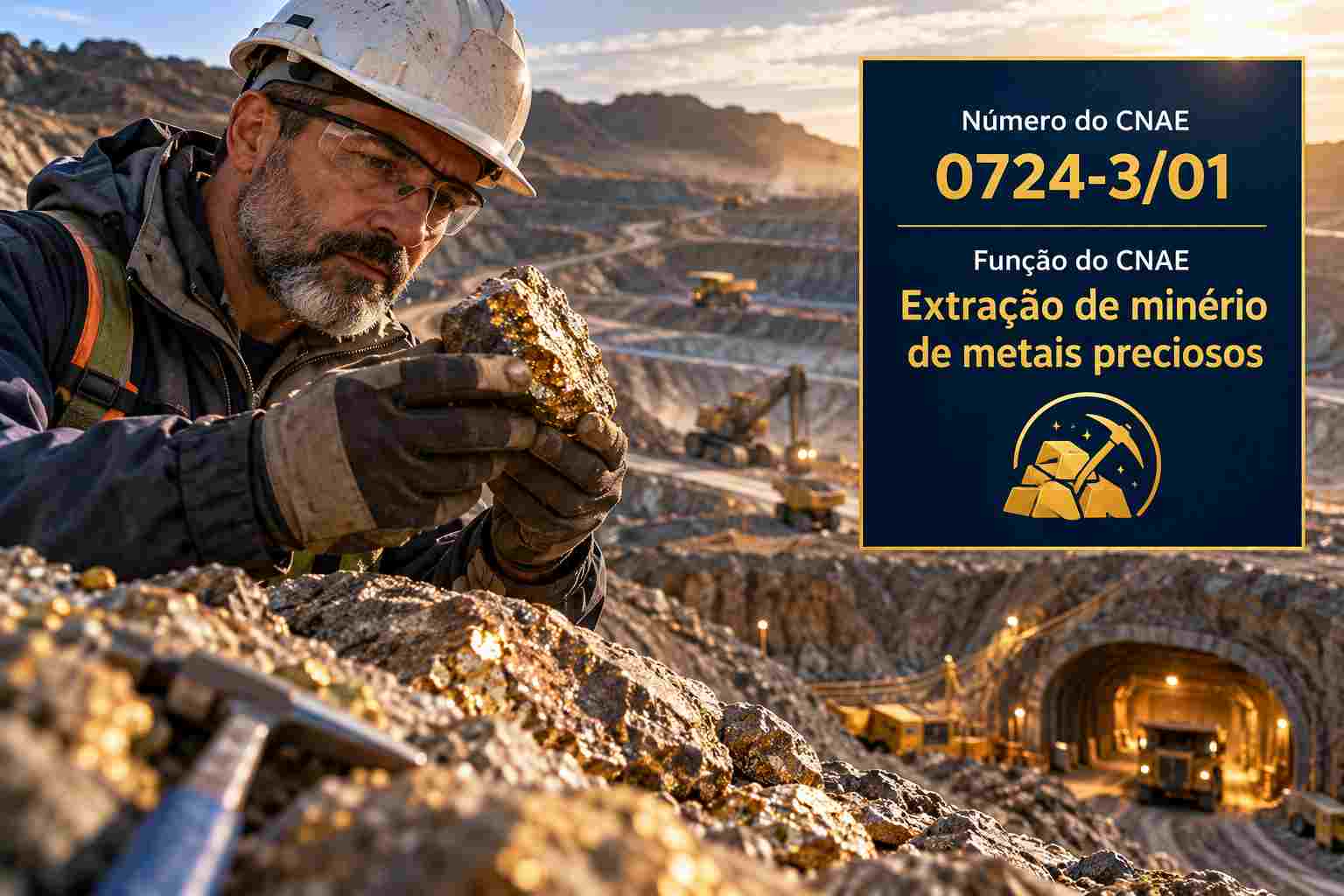 Mina de ouro com equipamentos de lavra, ilustrando o CNAE 0724-3/01