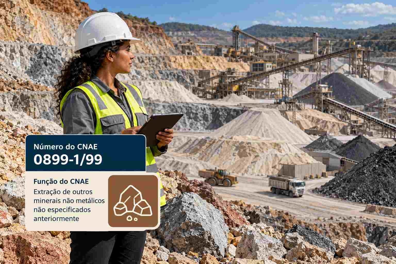 Mineração de minerais industriais com pilhas de material moído, ilustrando o CNAE 0899-1/99