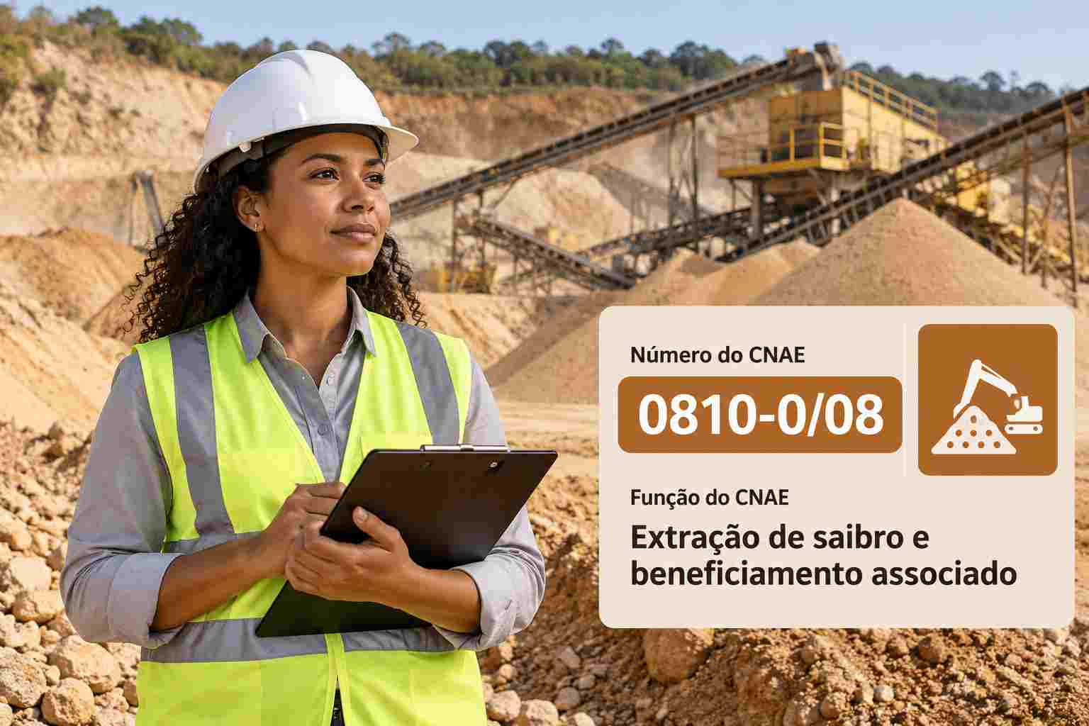 Saibreira com retroescavadeira e pilhas de saibro, ilustrando o CNAE 0810-0/08