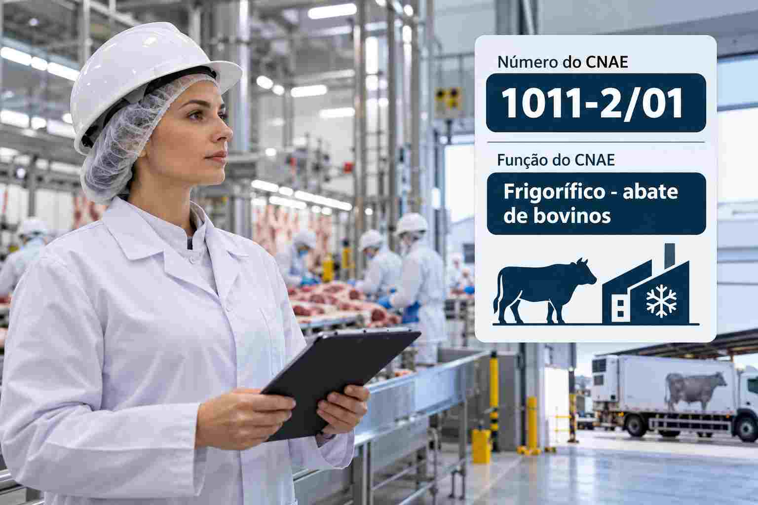 Câmara fria de frigorífico com carcaças bovinas penduradas, ilustrando o CNAE 1011-2/01