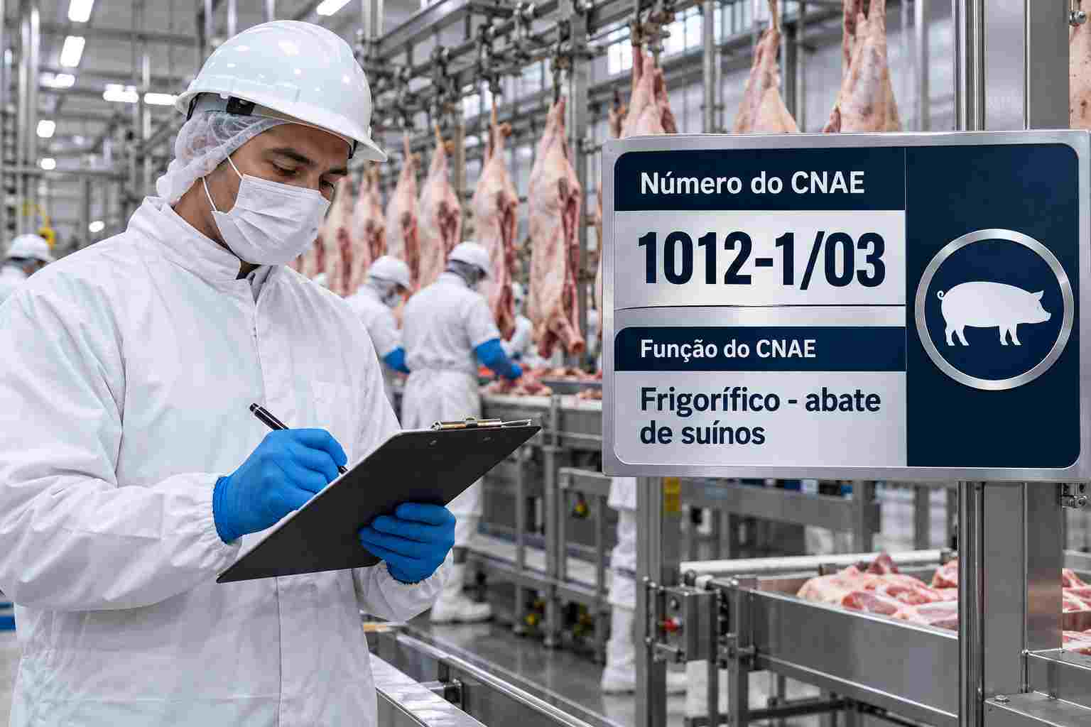 Carcaças suínas penduradas em câmara fria de frigorífico, ilustrando o CNAE 1012-1/03