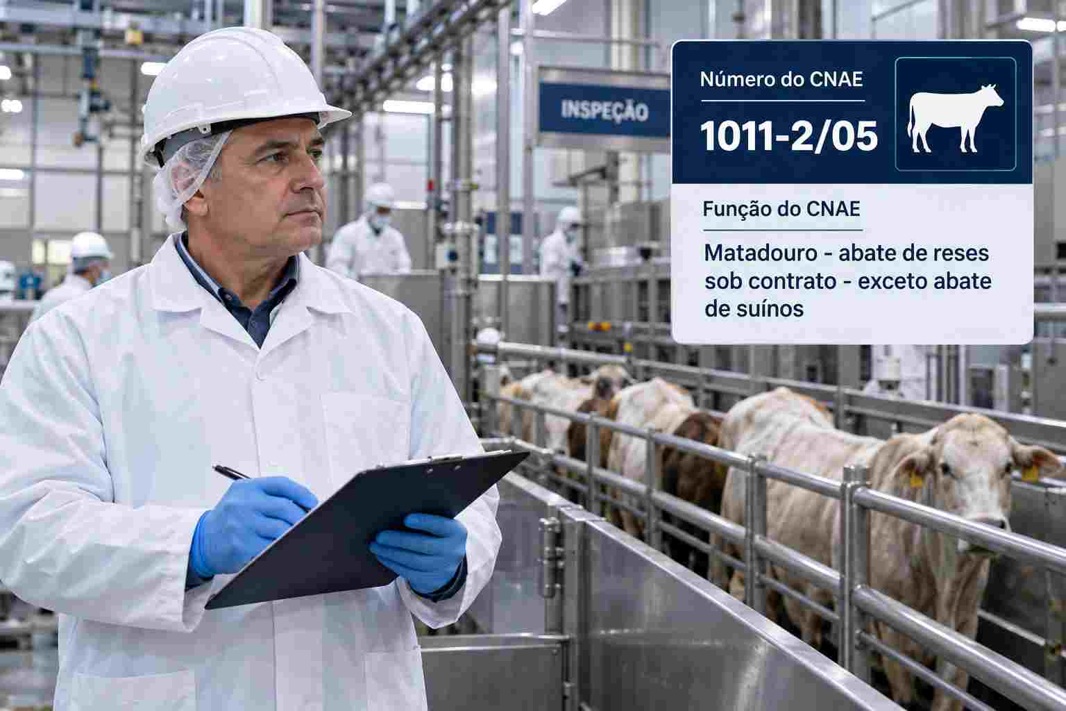 Linha de abate de matadouro com carcaças identificadas por cliente, ilustrando o CNAE 1011-2/05