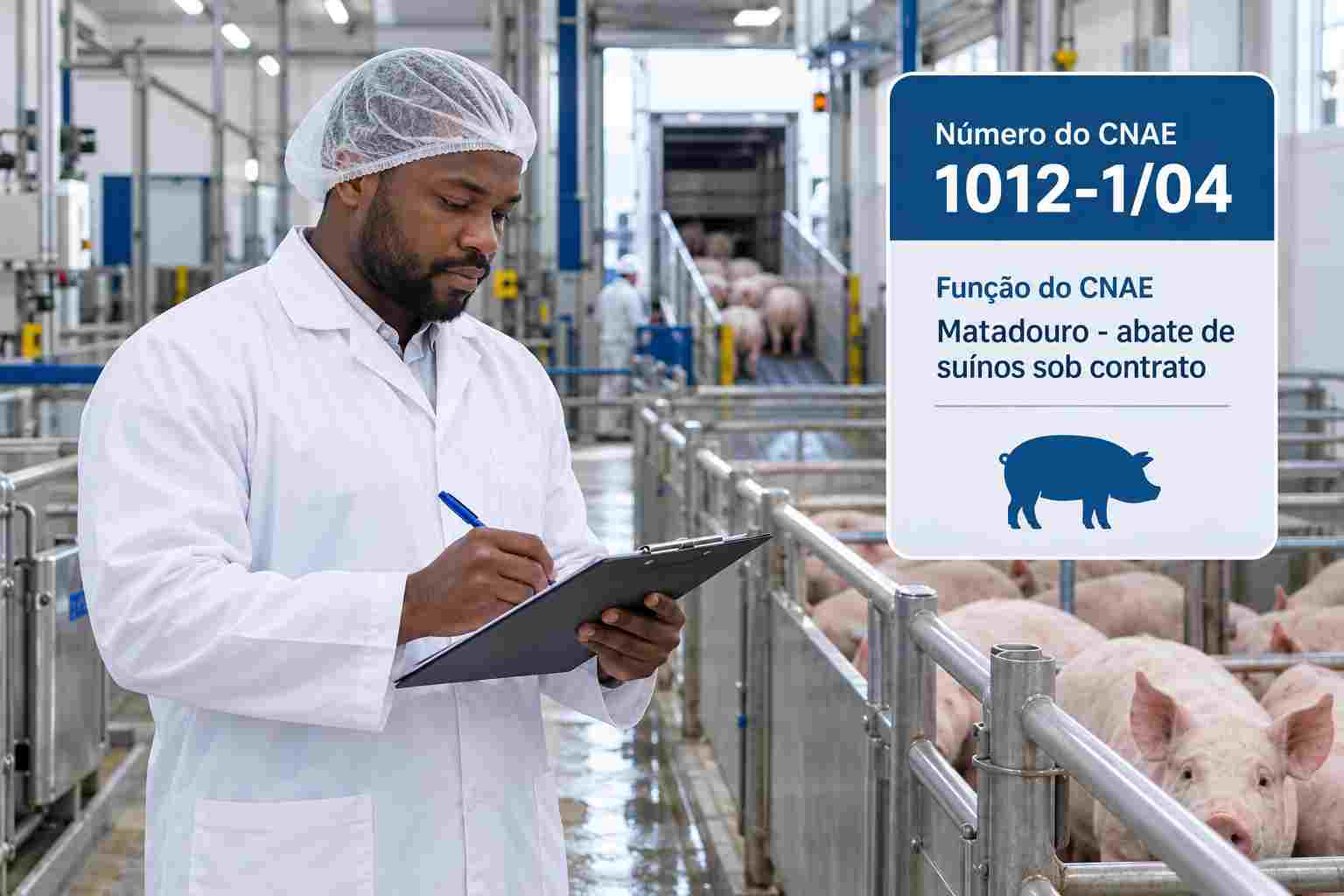 Linha de abate de suínos com carcaças identificadas por cliente, ilustrando o CNAE 1012-1/04