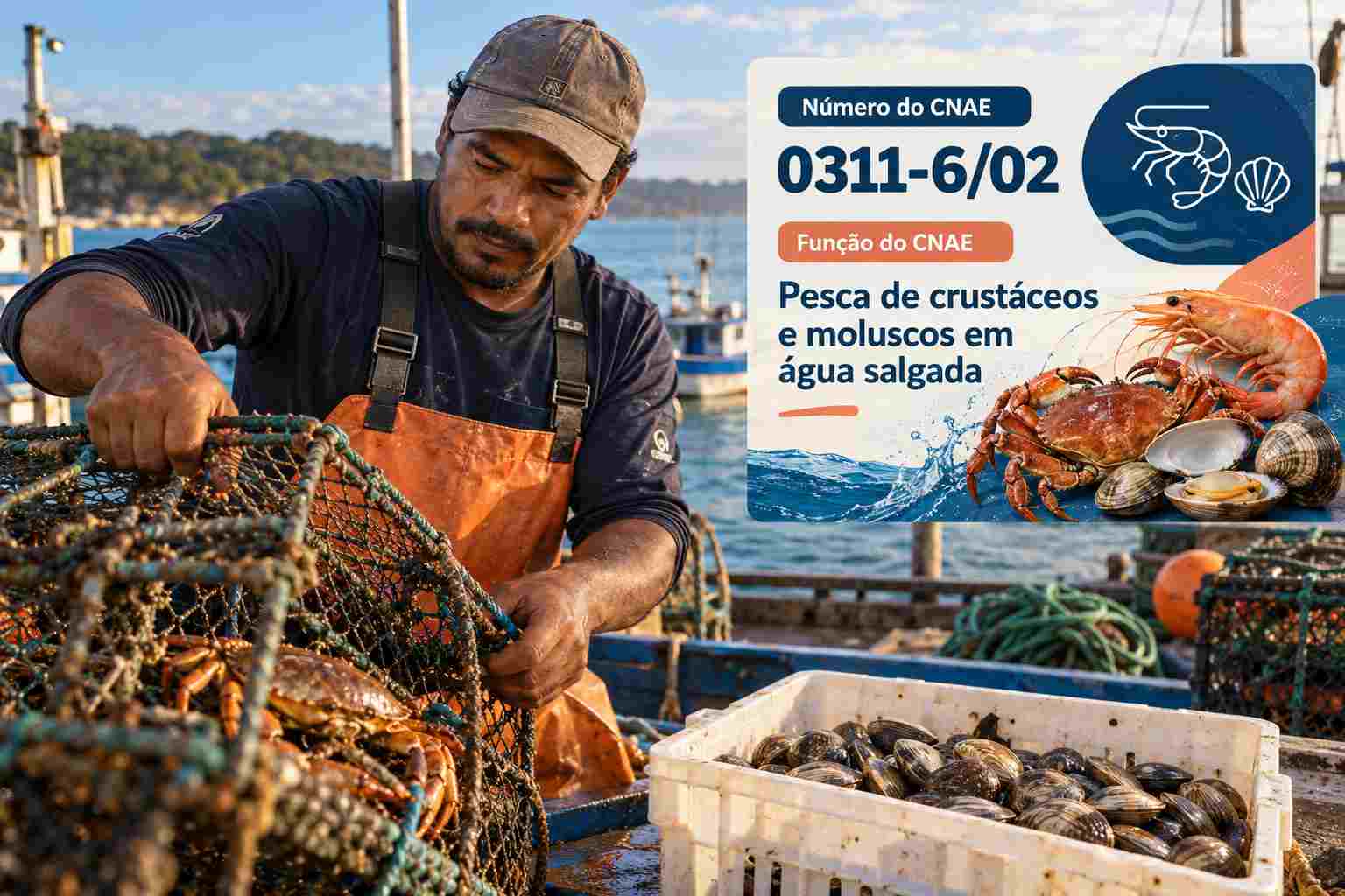 Covos de lagosta e caixas de camarão em barco de pesca, ilustrando o CNAE 0311-6/02