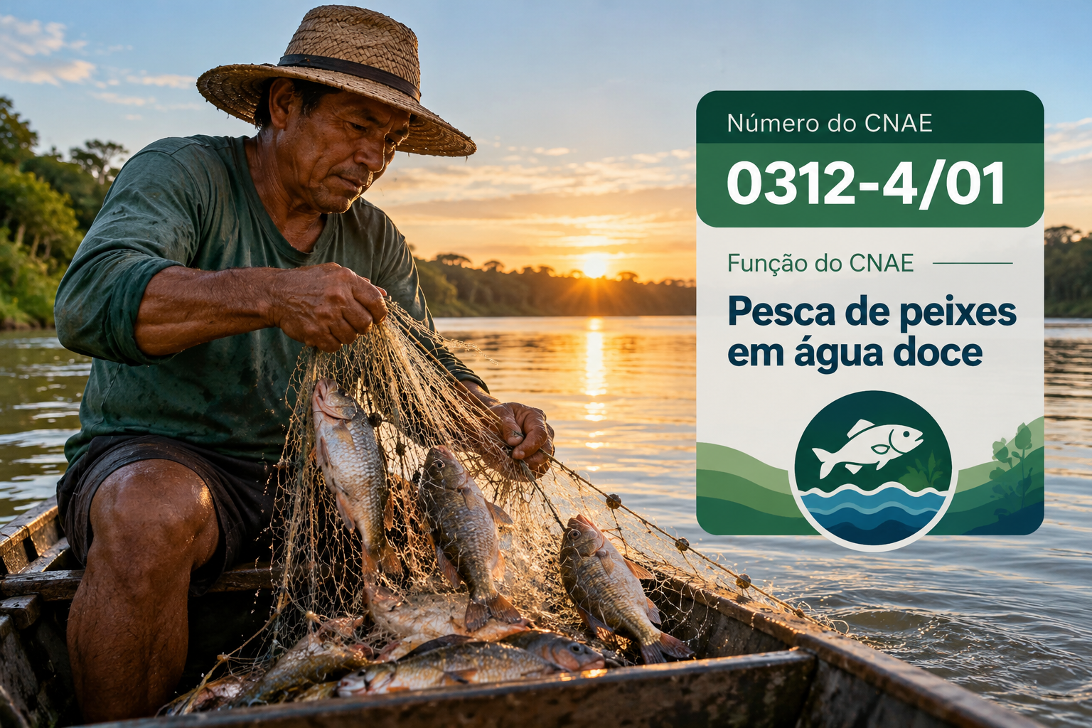 Pescador em canoa com rede em rio da Amazônia, ilustrando o CNAE 0312-4/01