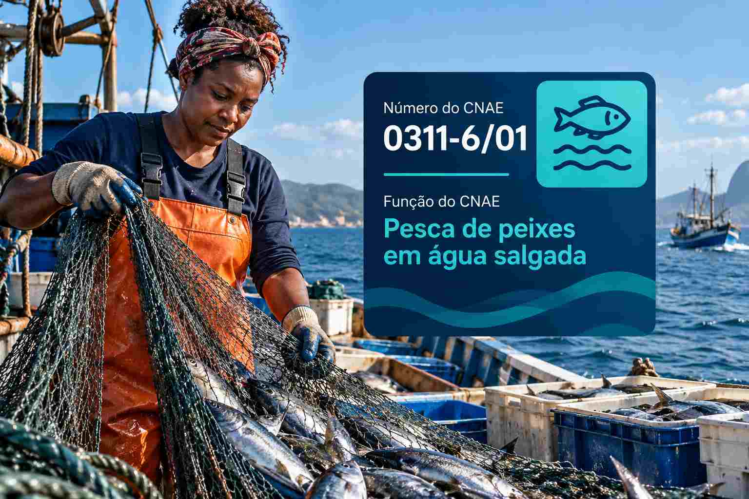 Barco de pesca no mar com redes e caixas de peixe, ilustrando o CNAE 0311-6/01