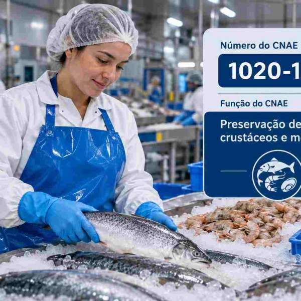 Filés de tilápia em bandejas numa linha de processamento de pescado, ilustrando o CNAE 1020-1/01
