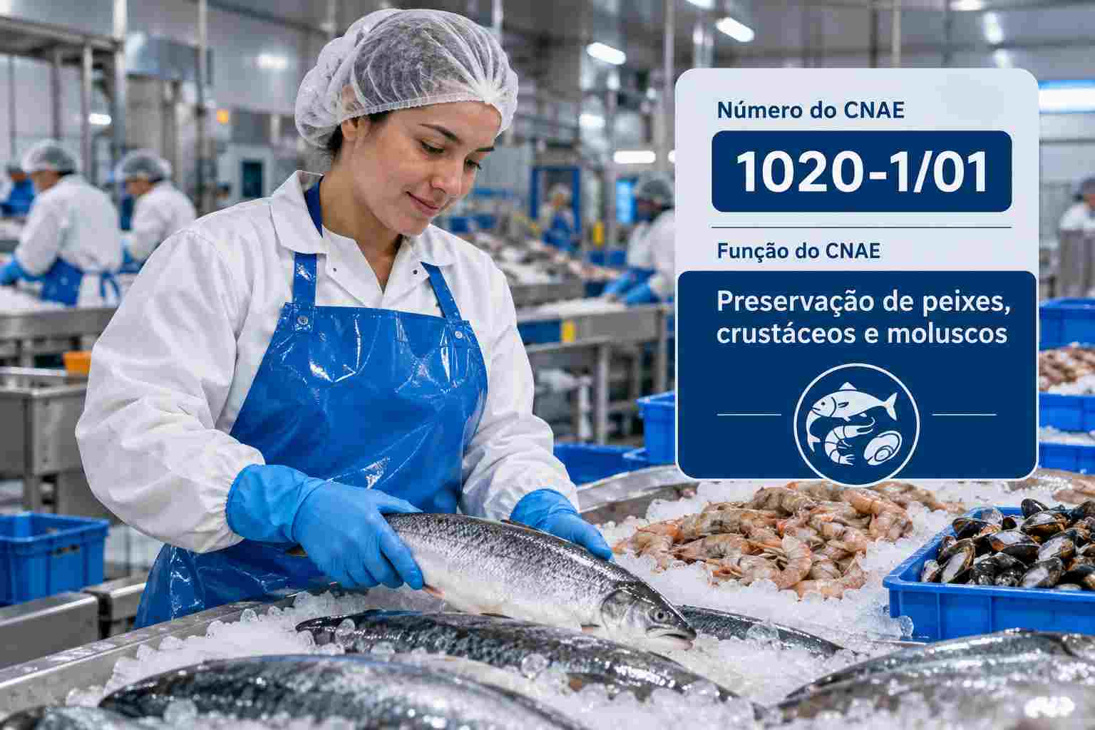 Filés de tilápia em bandejas numa linha de processamento de pescado, ilustrando o CNAE 1020-1/01