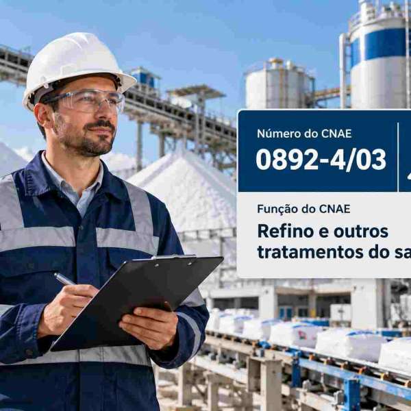 Refinaria de sal com esteiras e sal refinado, ilustrando o CNAE 0892-4/03