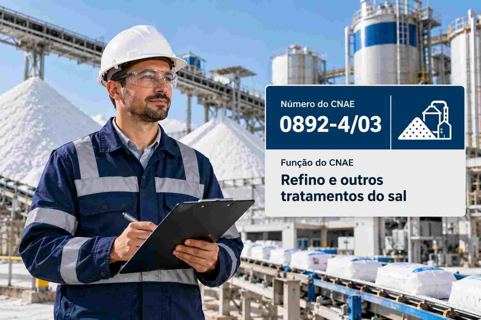 Refinaria de sal com esteiras e sal refinado, ilustrando o CNAE 0892-4/03