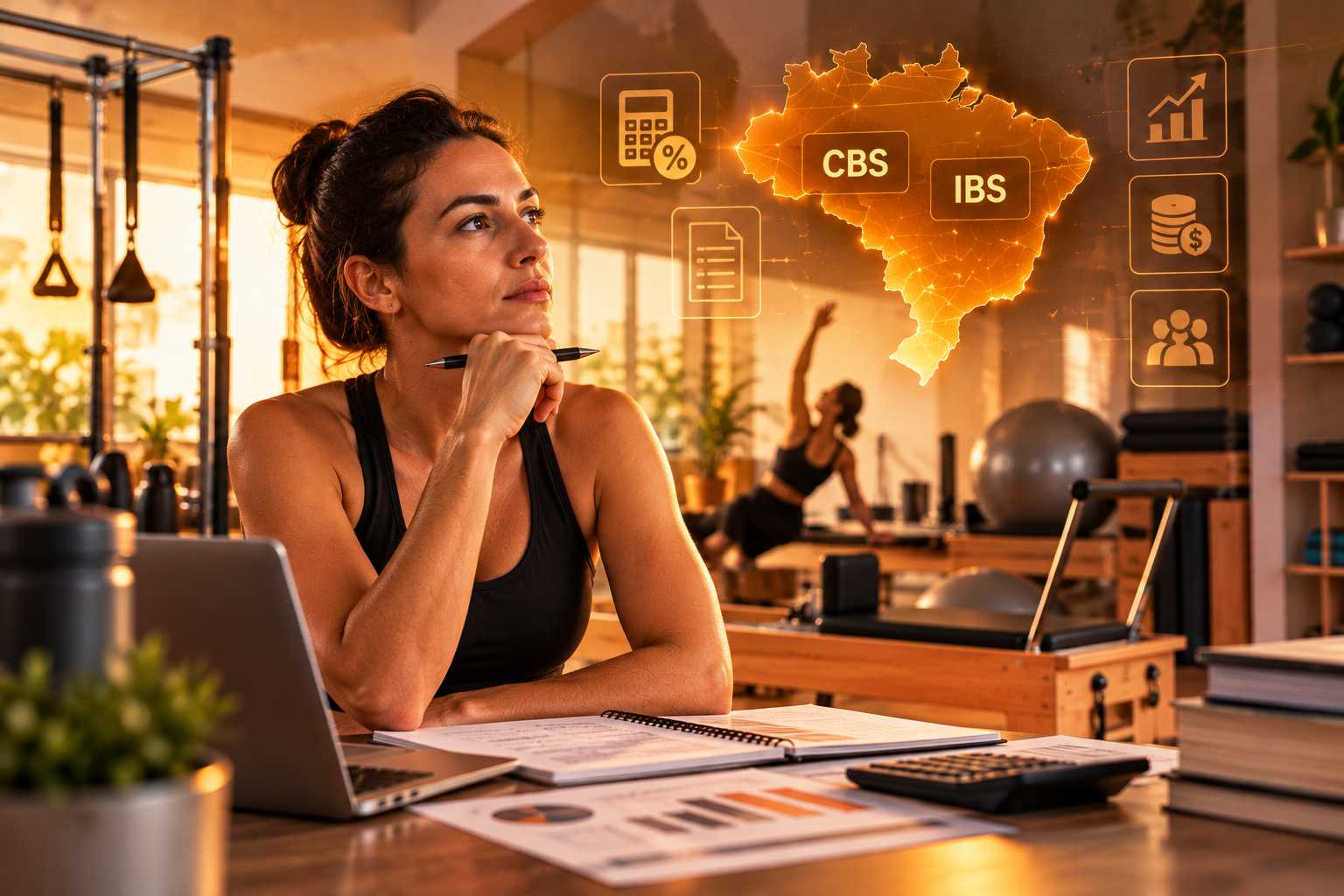 Instrutora de pilates orientando aluna no reformer, ilustrando a reforma tributária para studio de pilates