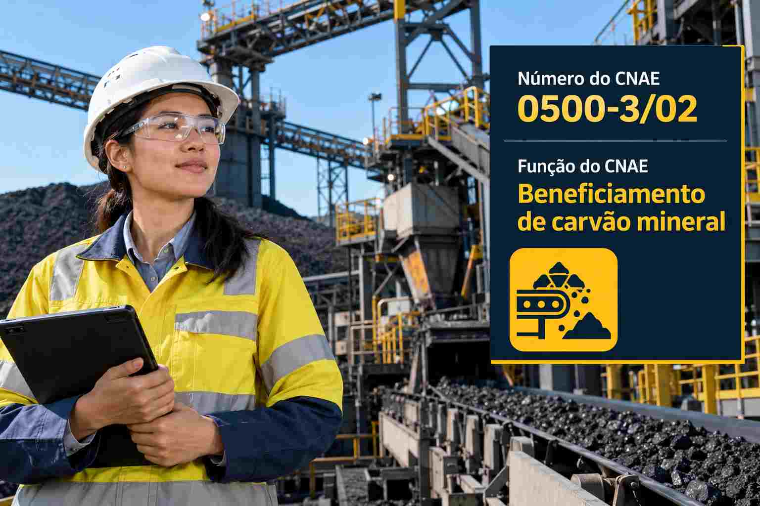 Usina de beneficiamento de carvão mineral com pilhas de carvão, ilustrando o CNAE 0500-3/02
