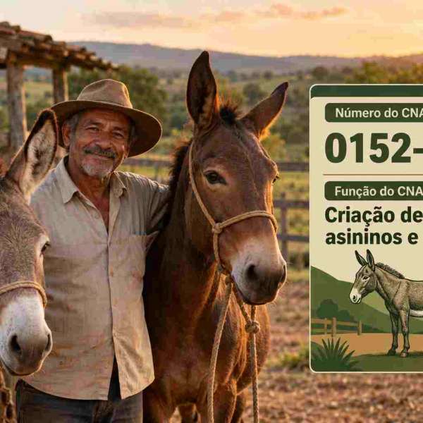 Jumentos e mulas no pasto de uma fazenda, ilustrando o CNAE 0152-1/03