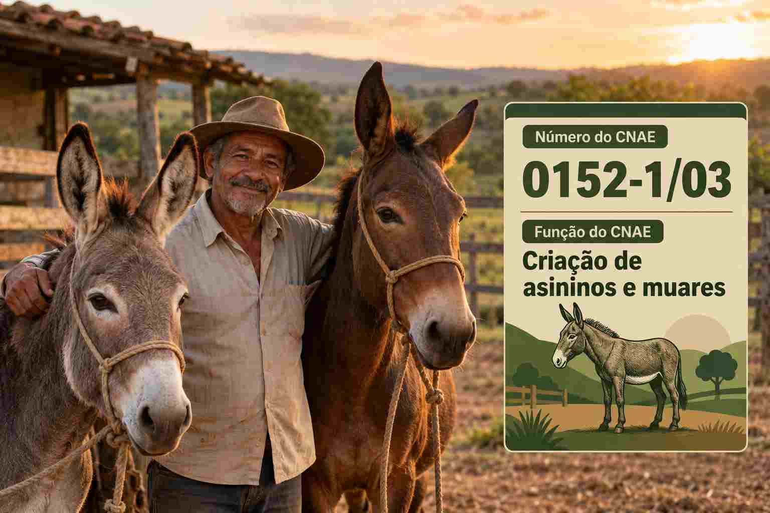 Jumentos e mulas no pasto de uma fazenda, ilustrando o CNAE 0152-1/03
