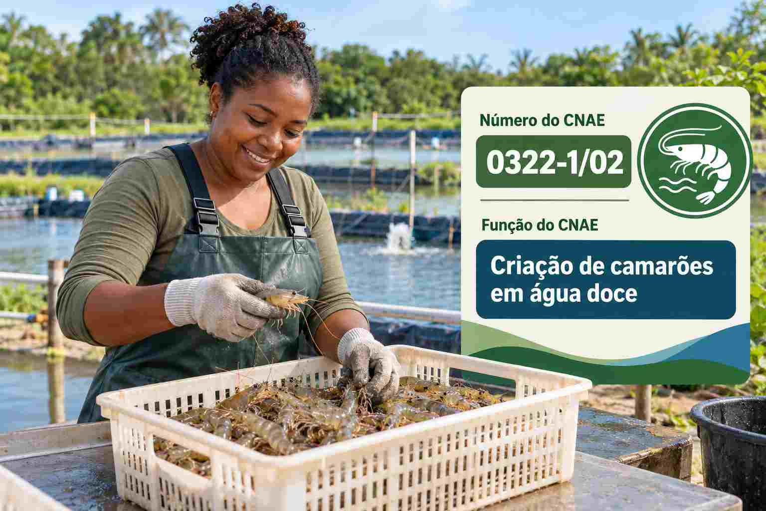 Viveiro de camarão de água doce em propriedade rural, ilustrando o CNAE 0322-1/02