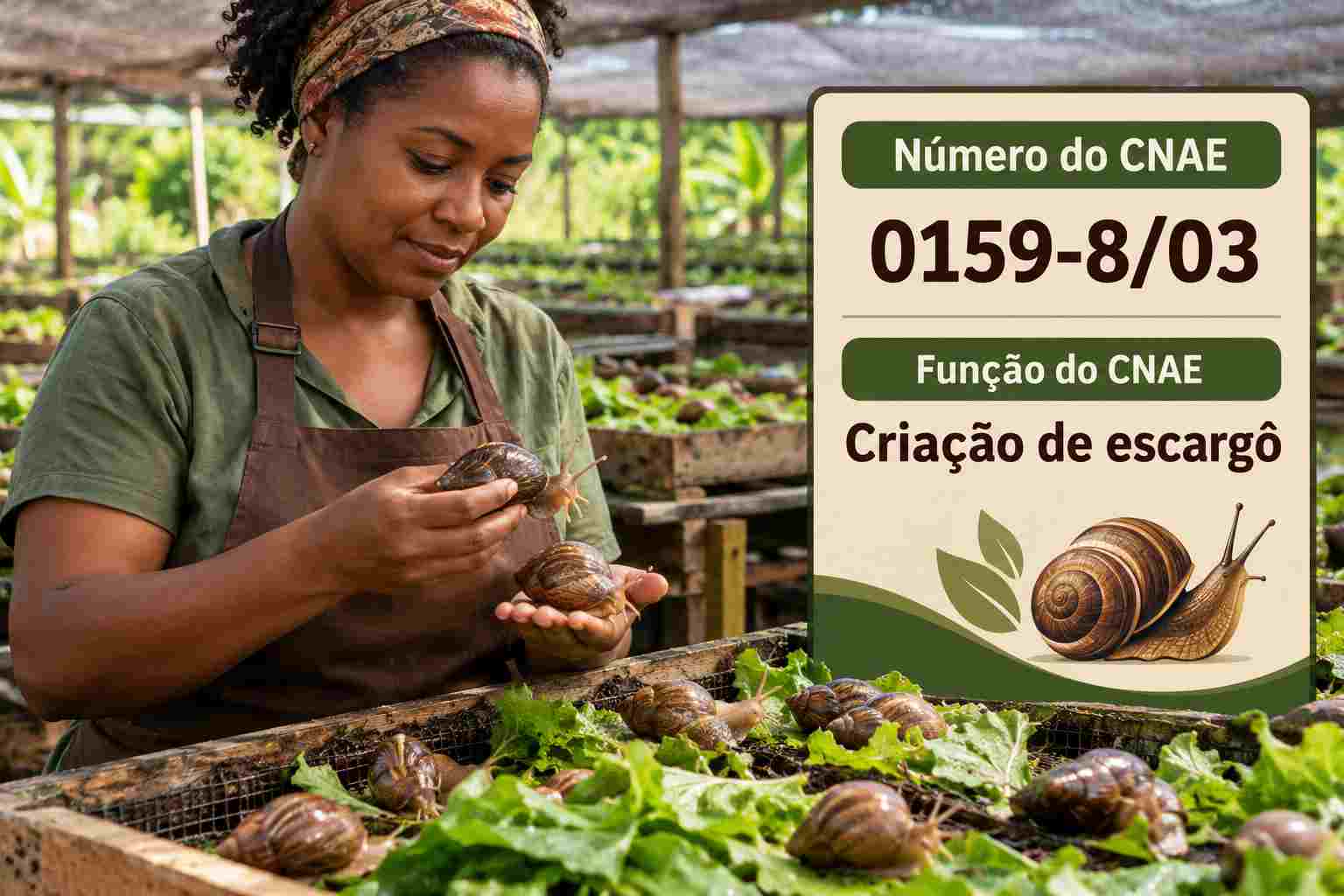 Escargôs em caixa de criação num helicário, ilustrando o CNAE 0159-8/03