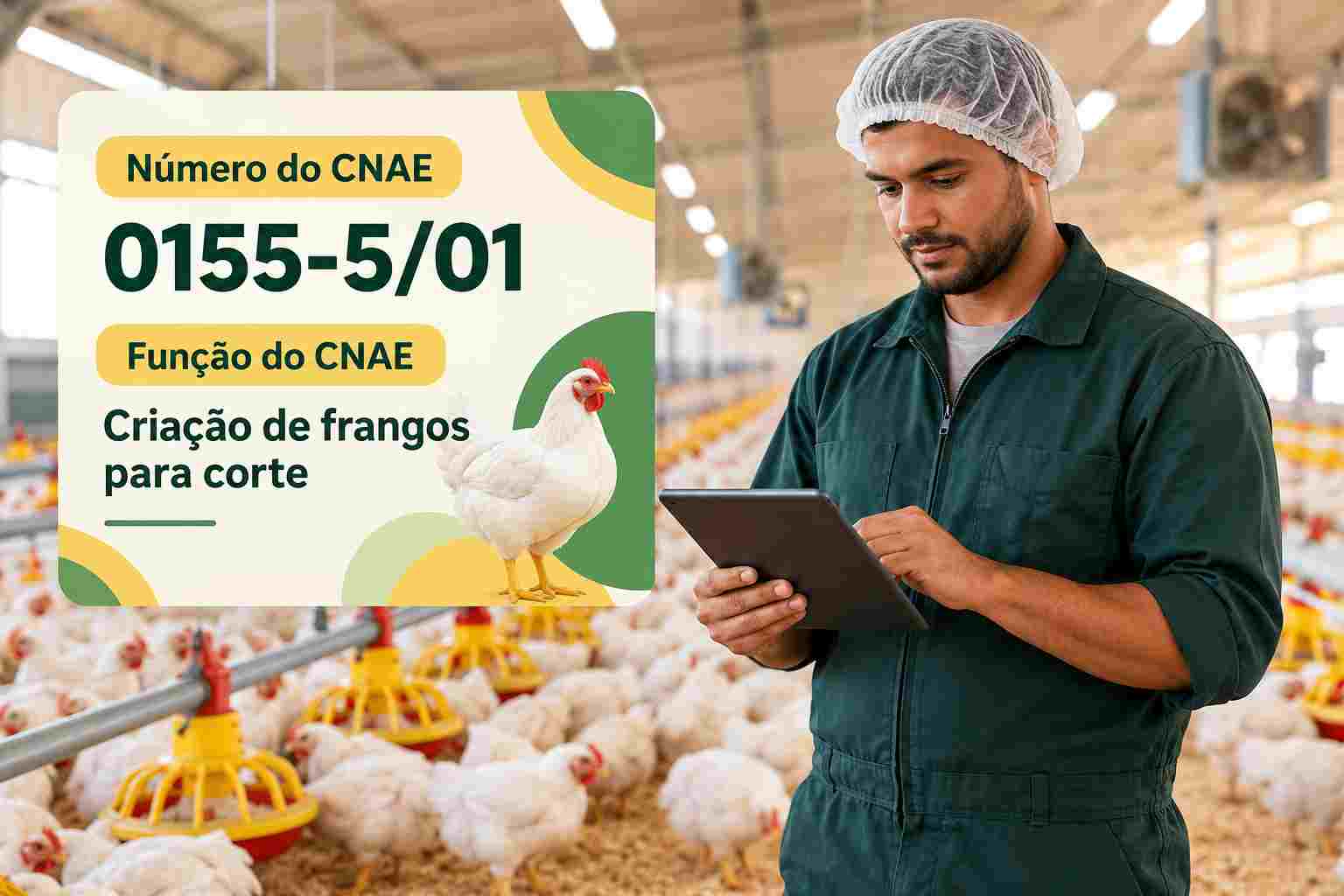 Frangos de corte dentro de aviário climatizado, ilustrando o CNAE 0155-5/01