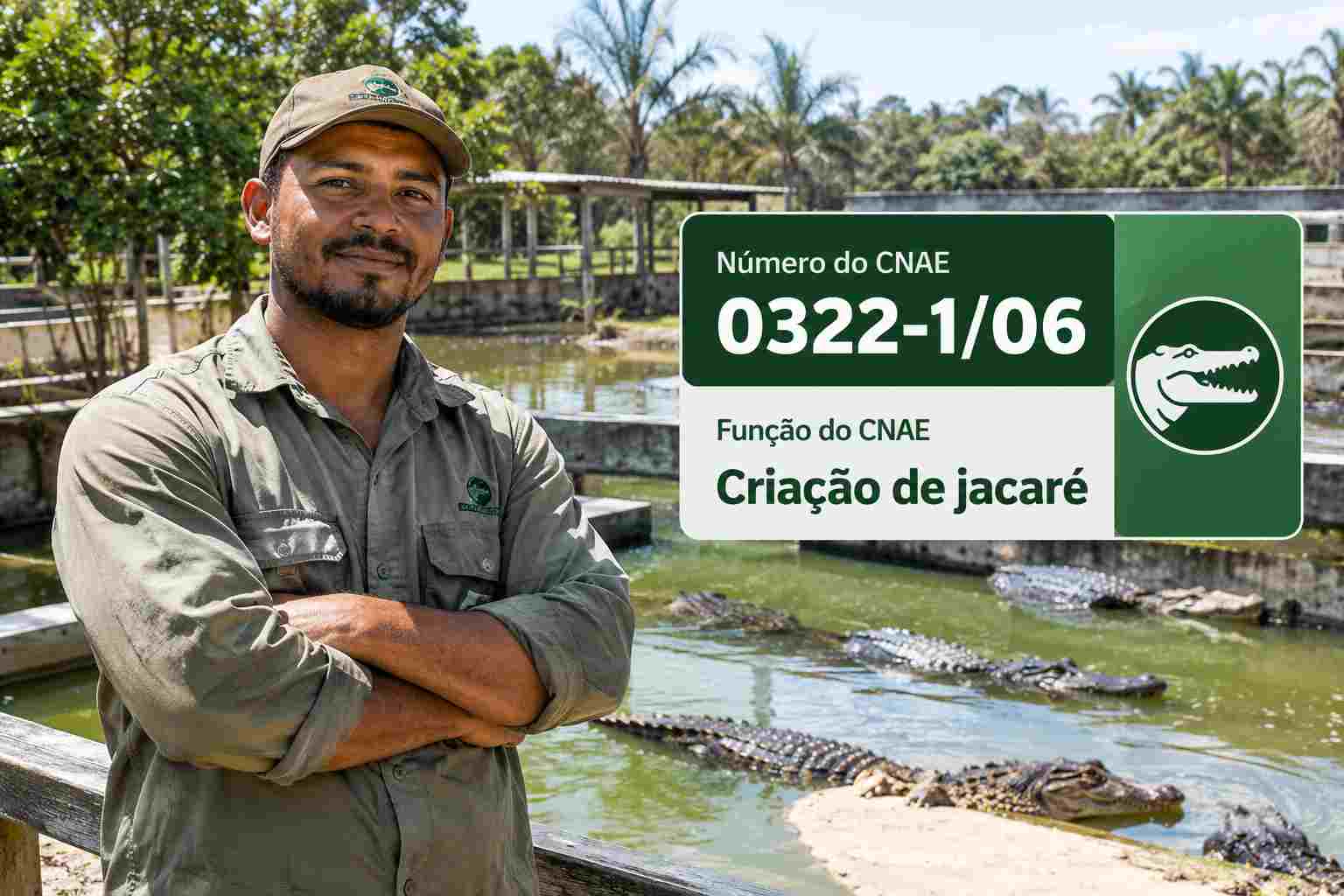 Jacarés em tanque de criadouro comercial no Pantanal, ilustrando o CNAE 0322-1/06