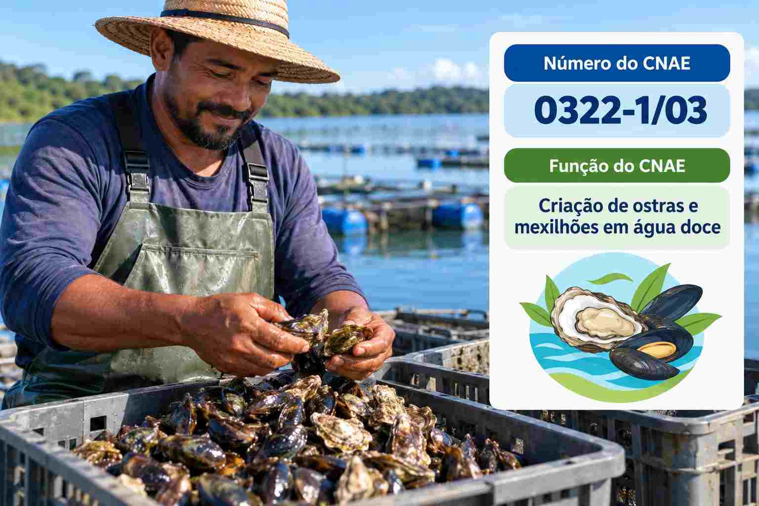 Bivalves de água doce em tanque de cultivo, ilustrando o CNAE 0322-1/03