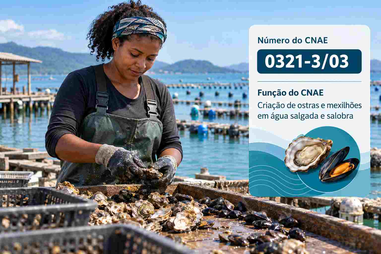 Lanternas de cultivo de ostras em fazenda marinha, ilustrando o CNAE 0321-3/03