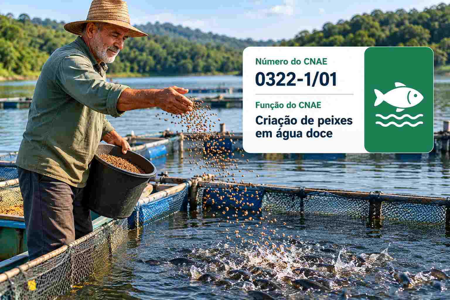 Tanques-rede de criação de tilápia em reservatório, ilustrando o CNAE 0322-1/01